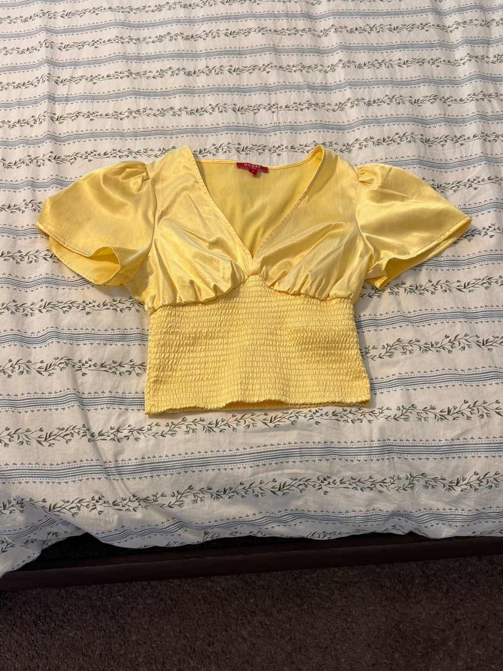 Guess Yellow V-Neck Smocked Waist Women’s Top - Picture 5 of 6